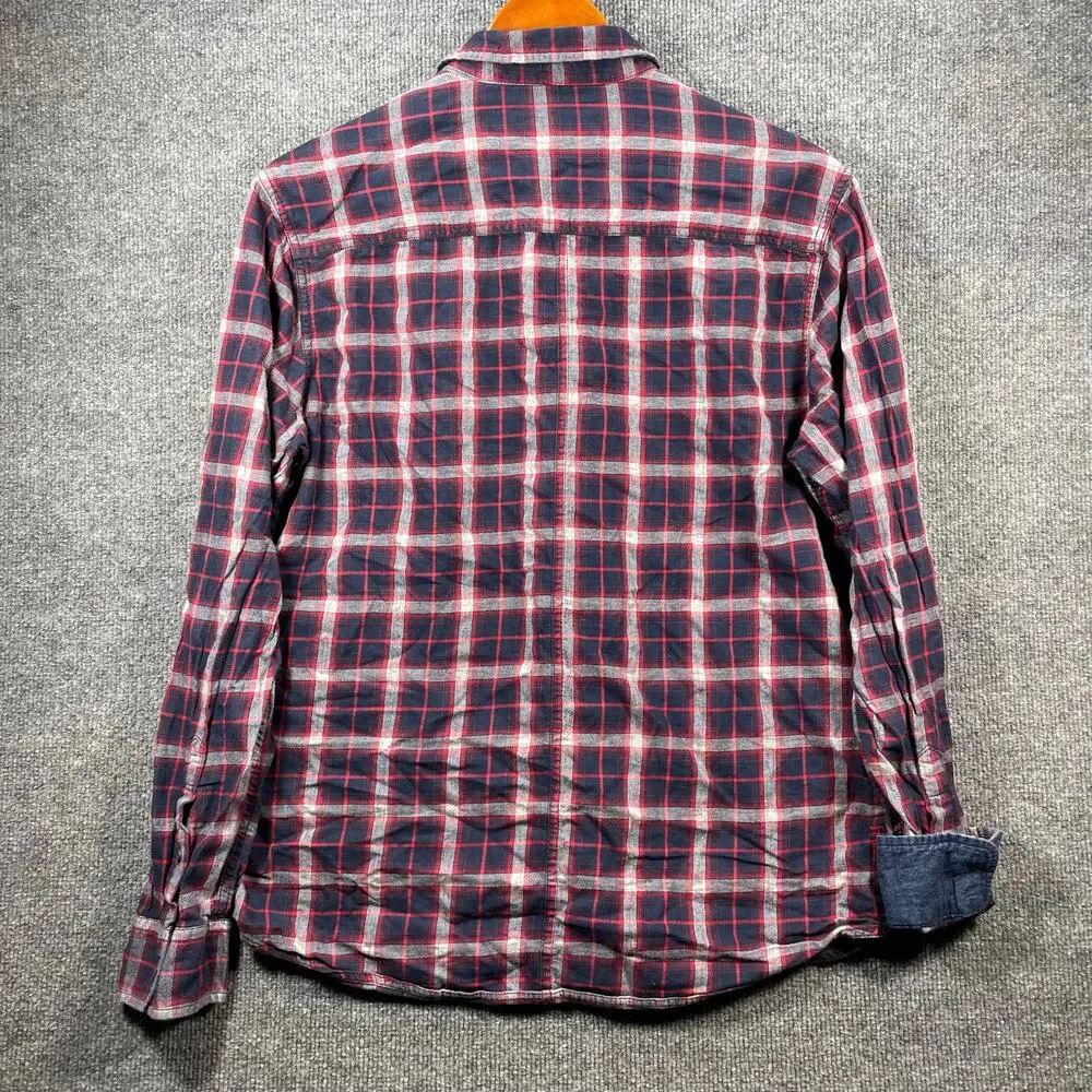 Ed Hardy Casual Button Up Shirt Men's Large Blue/Red Plaid Flip Cuff Outdoors